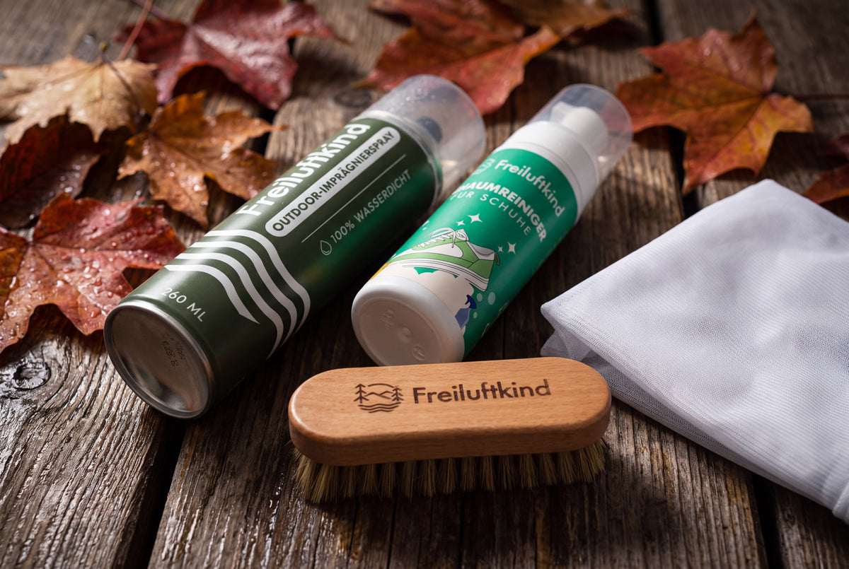 Imprägnierspray, Schaumreiniger, Schuhbürste und Waschbeutel auf Holz im herbstlichen Licht